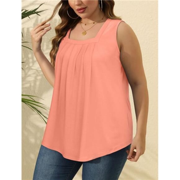 Summer Tank Tops for Women Loose Fit Pleated Square Neck Sleeveless Tops Curved - Picture 4 of 6